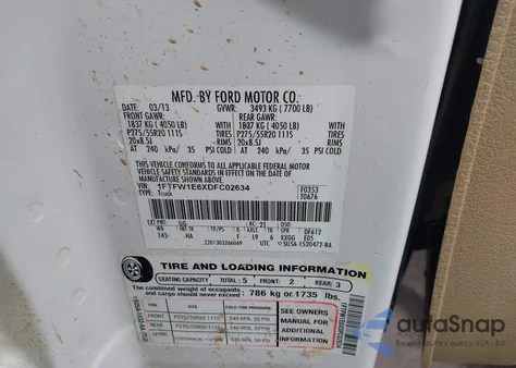 2013 Ford F-150 Lariat из США, поврежденный, VIN 1FTFW1E6XDFC02634